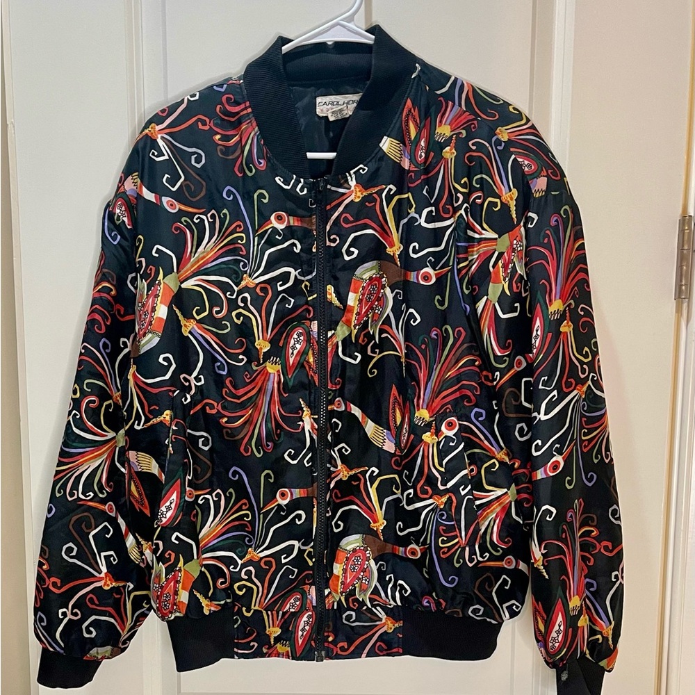 Vintage 90s Carol Horn Silk Peacock Design Bomber Jacket Size M